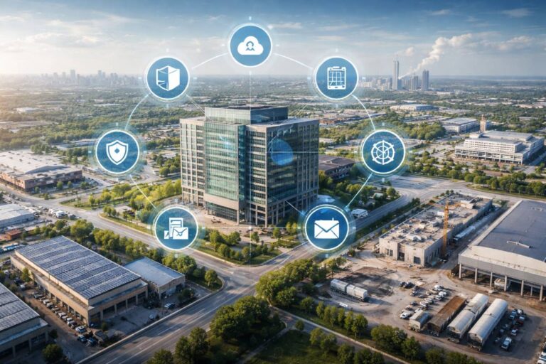 Modern office building with digital icons