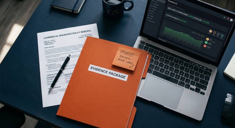 Cyber insurance renewal documents on desk with laptop showing MFA dashboard