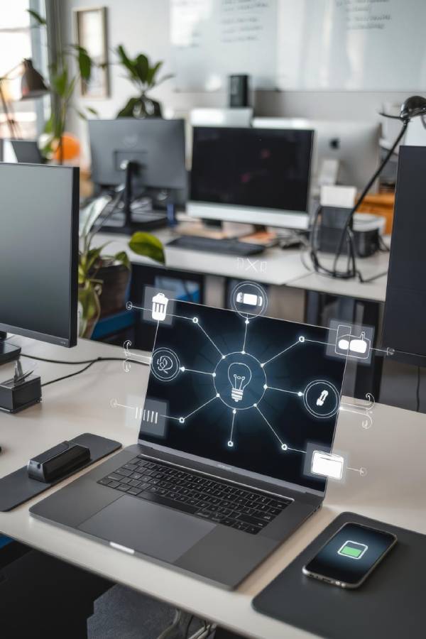 Desk with laptops and monitors in an office
